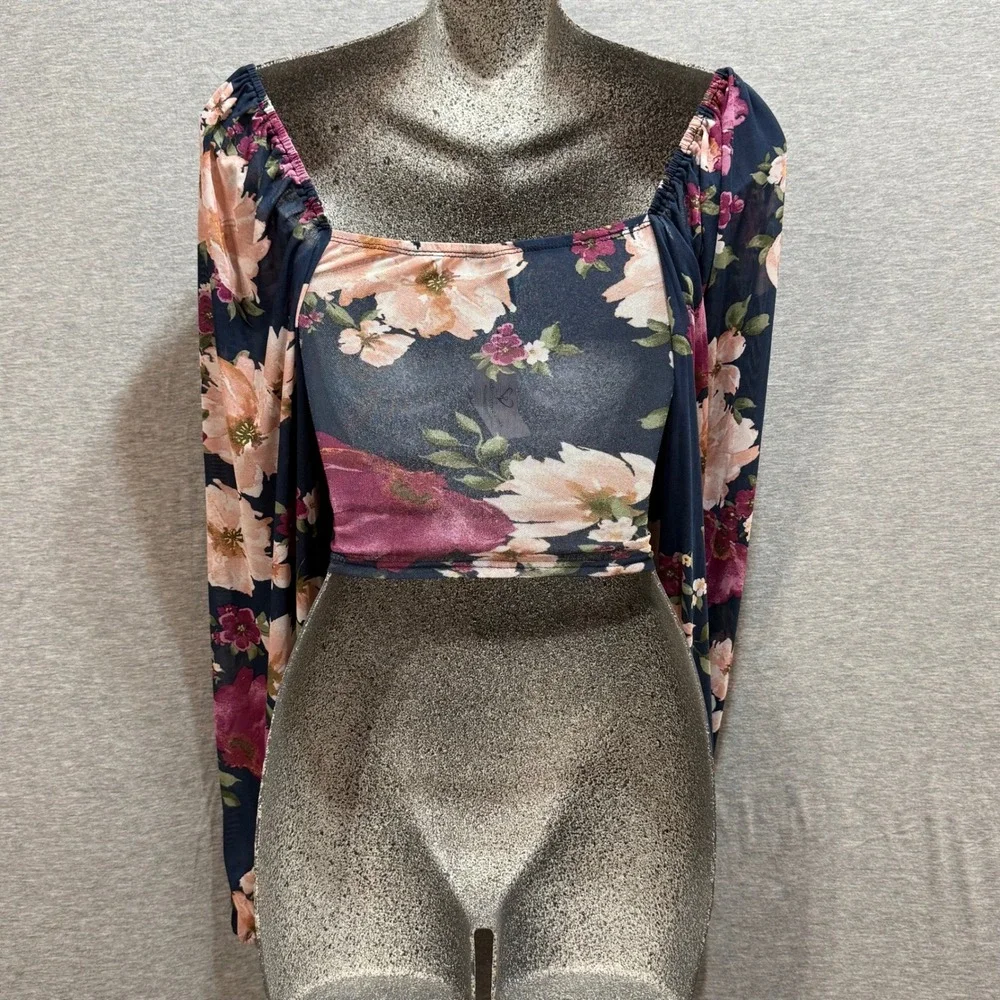 Windsor Floral Mesh Crop Top Womens Size S Navy Blue Long Sleeve Coquette Casual - Picture 2 of 9